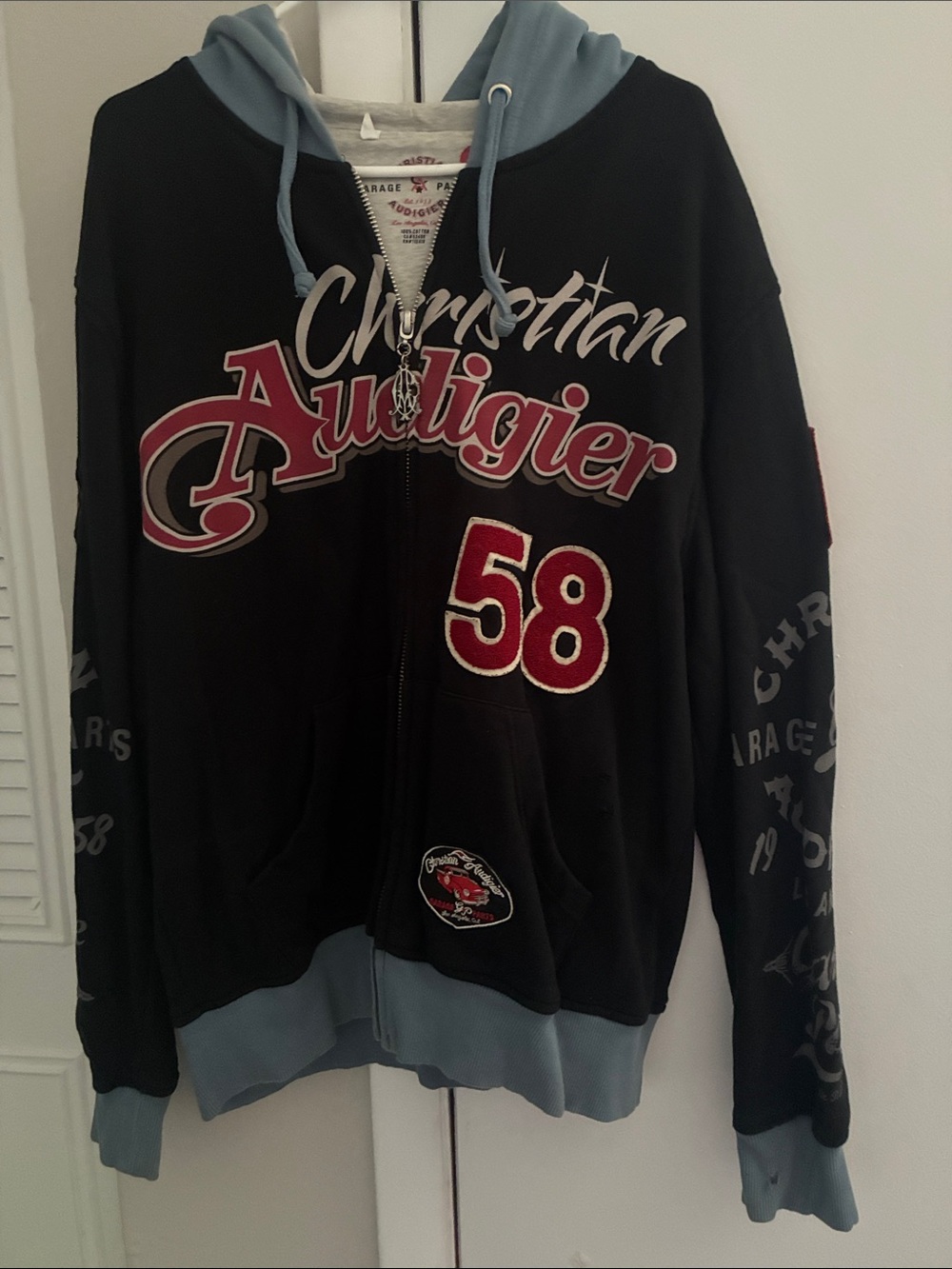 Christian Audigier Black & Light Blue Hooded Zip-Up with Red '58 Patch